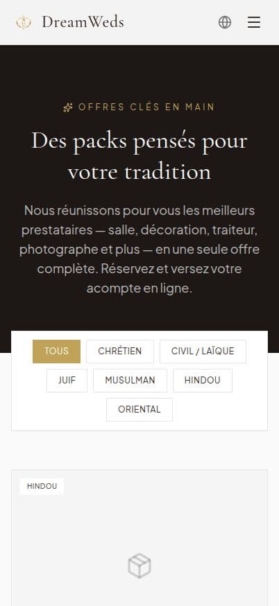 Écran des packs DreamWeds sur mobile